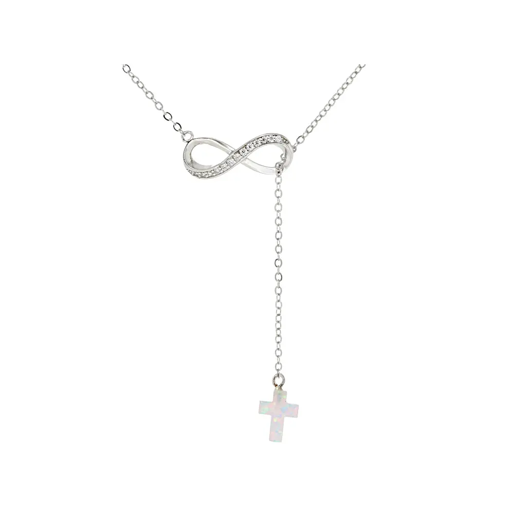 JTV White Cubic Zirconia and Lab Opal Rhodium Over Brass Infinity Cross Necklace 0.29ctw