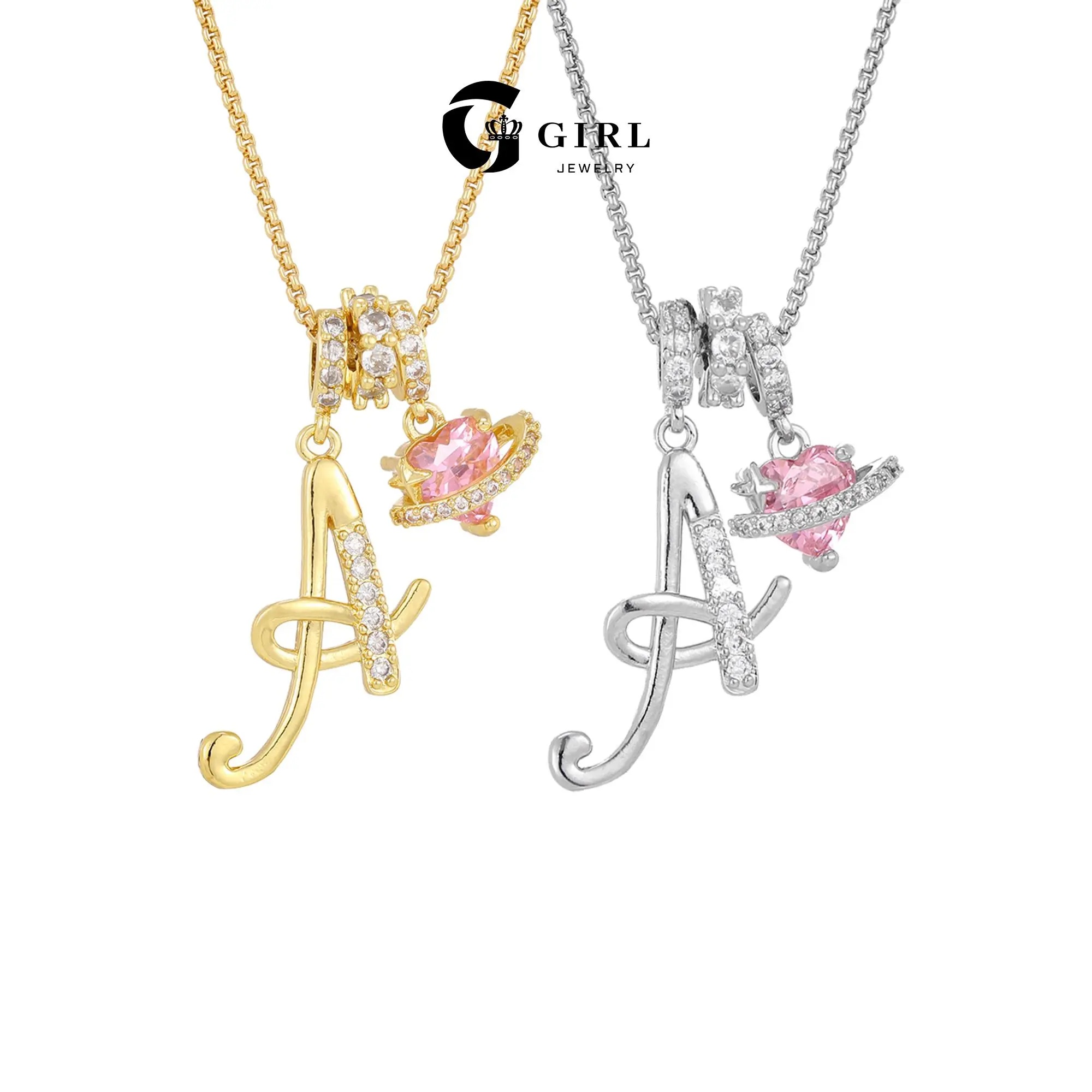 GGIRL Women's Initial Heart Pendant Cute Artificial Gemstone Necklace - Pink Cubic Zirconia, Letters Artificial Gemstone Design, Stylish Versatile Holiday Gift, Necklaces for Women, Initial Necklace