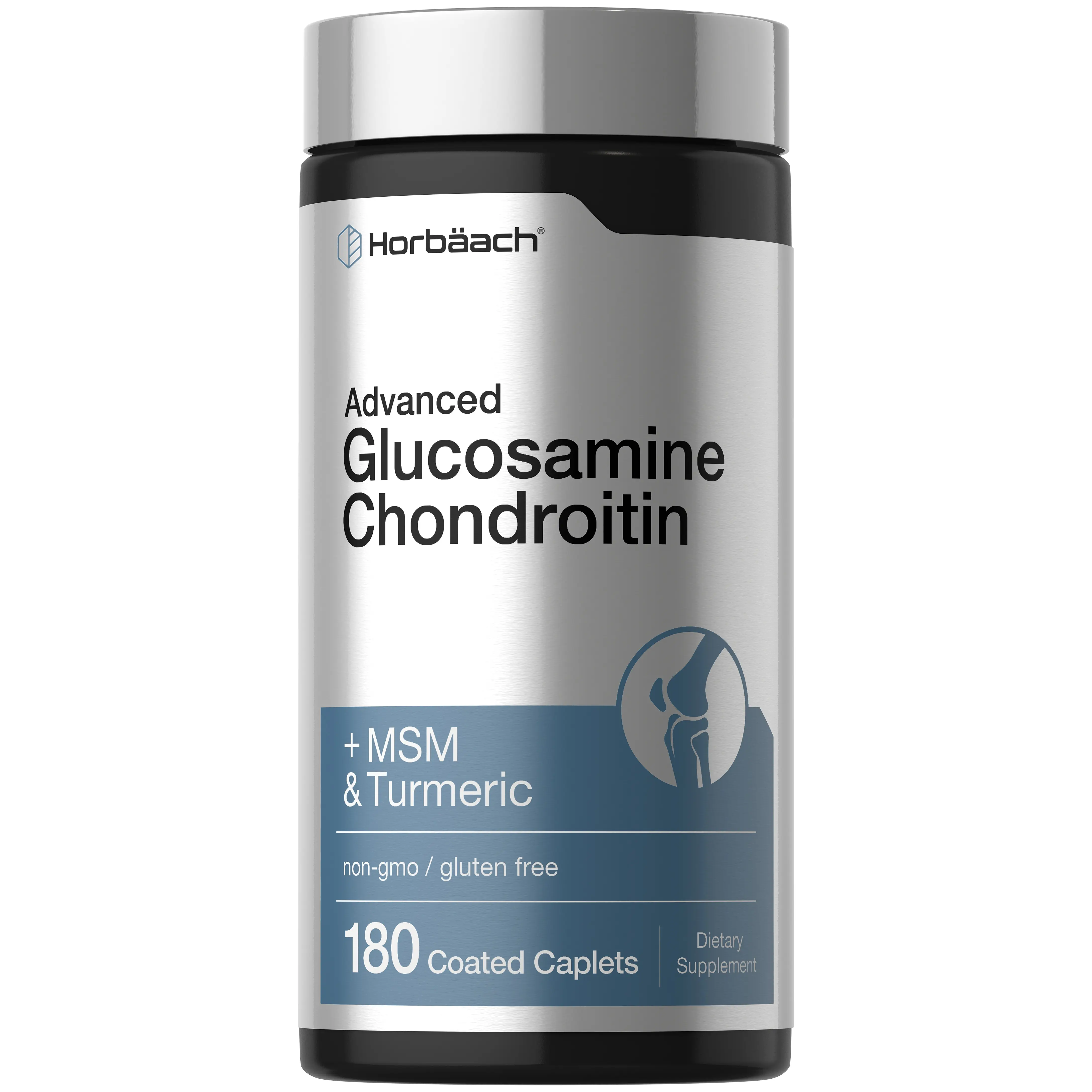 Horbäach Glucosamine Chondroitin | Plus MSM & Turmeric | 180 Coated Caplets | Non-GMO, Gluten Free Supplement