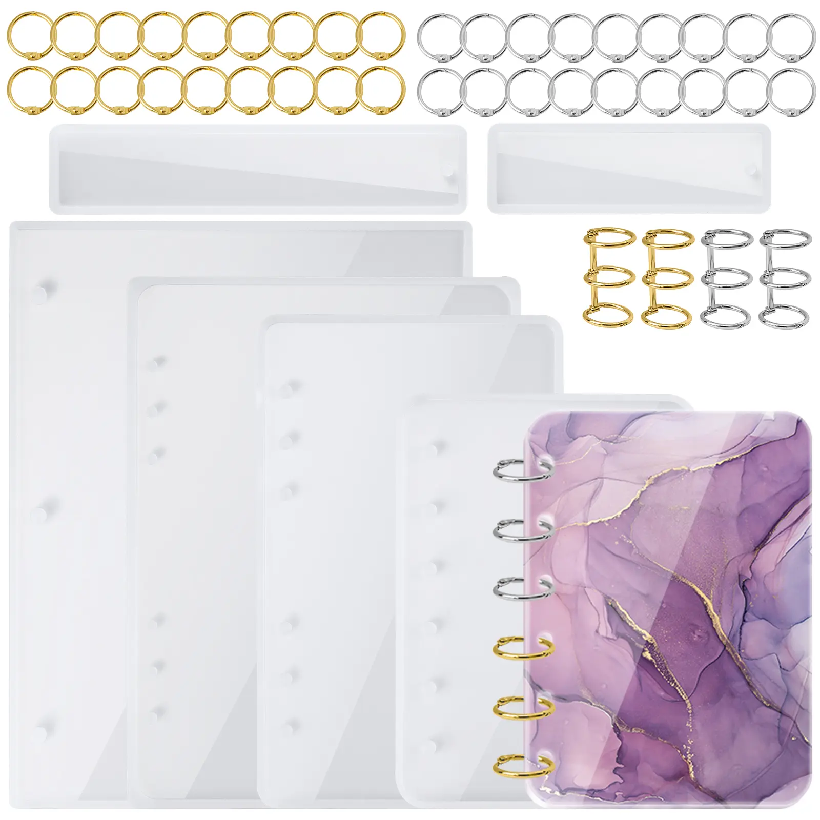 NiArt Premium Eco-Friendly Flexible A4 Epoxy Resin Silicone Notebook Cover Molds Journal Kit Set - A5/A6/A7 Bookmark Molds, 40PCS Loose Leaf 3-Ring Binders Rings, Adults' DIY Office Stationery Casting Tools (Beads+Glitter Included)