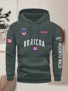 Men's Puerto Rico Flag Printed Hoodie with Drawstring and Kangaroo Pocket, Casual Vintage Street Style Pullover, Comfortable Fit for Fall & Winter, Casual Drawstring Hooded, Casual Hooded Sweatshirt, Graphic Hoodies