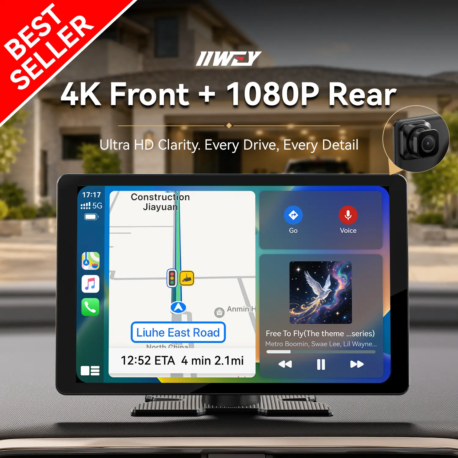 【Best Seller】IIWEY iK11 11inch Extra Large Wireless Apple CarPlay Screen Ultra-Slim 0.16 Inch Touchscreen with Android Auto 4K Dash Cam 1080p Backup Camera GPS Mirror Link Voice Control Car Stereo Car Video Player