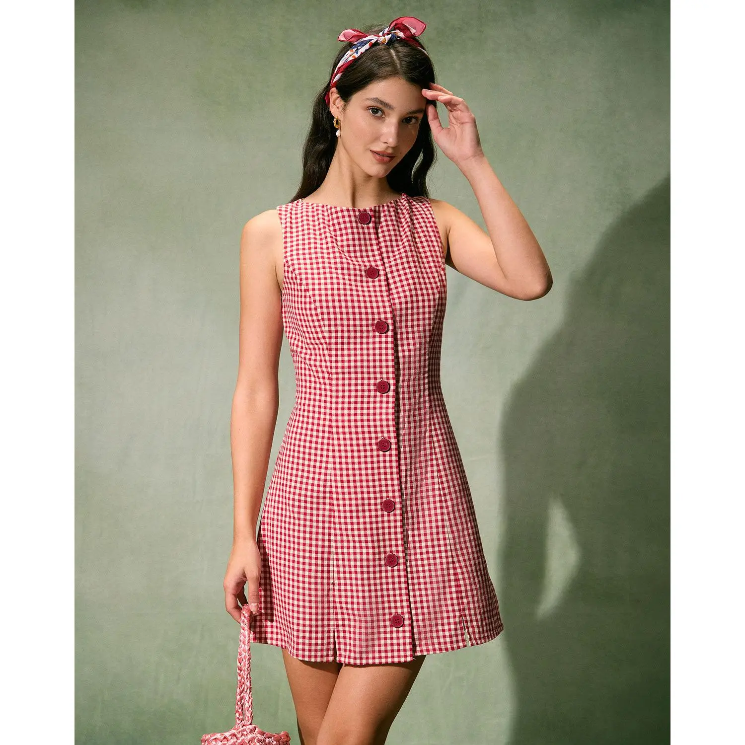 RIHOAS Women's 100% Cotton Casual Chic Red Checkered A-Line Boat Neck Sleeveless Short Dress - Eco-Friendly, Plaid Adds Texture, for Daily Wear, Short Dress For Women, Checkered Print, Soft Cotton