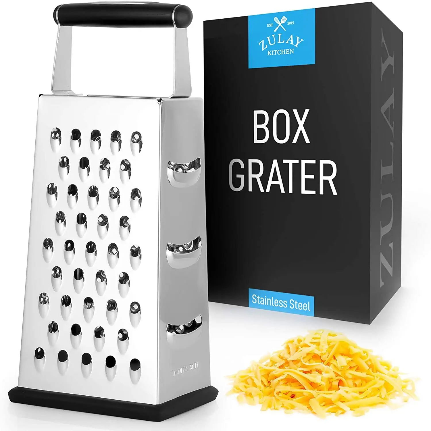 Zulay Kitchen Boxed Cheese Grater, Stainless Steel, Easy Grip Handle, Multipurpose Tool with 4 Grating Sides, Cheese Utensil Food Prep