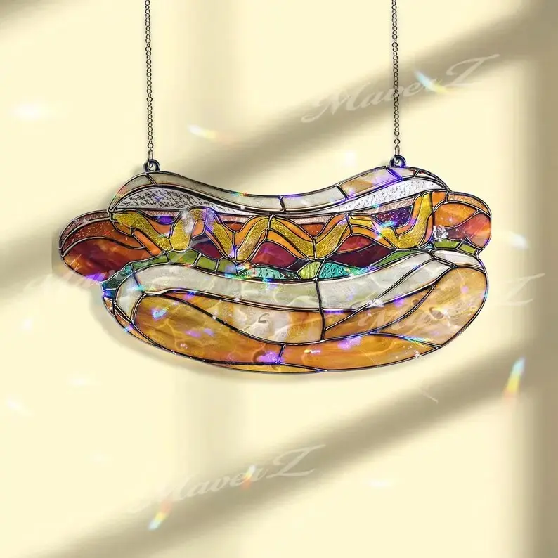 Vibrant Stained Glass Hot Dog Suncatcher Art Poster Style Window Hanging - Durable Premium Acrylic Home Decor - Funny Foodie Gift for Kitchen, Dining Room, and Retro Aesthetic Accents