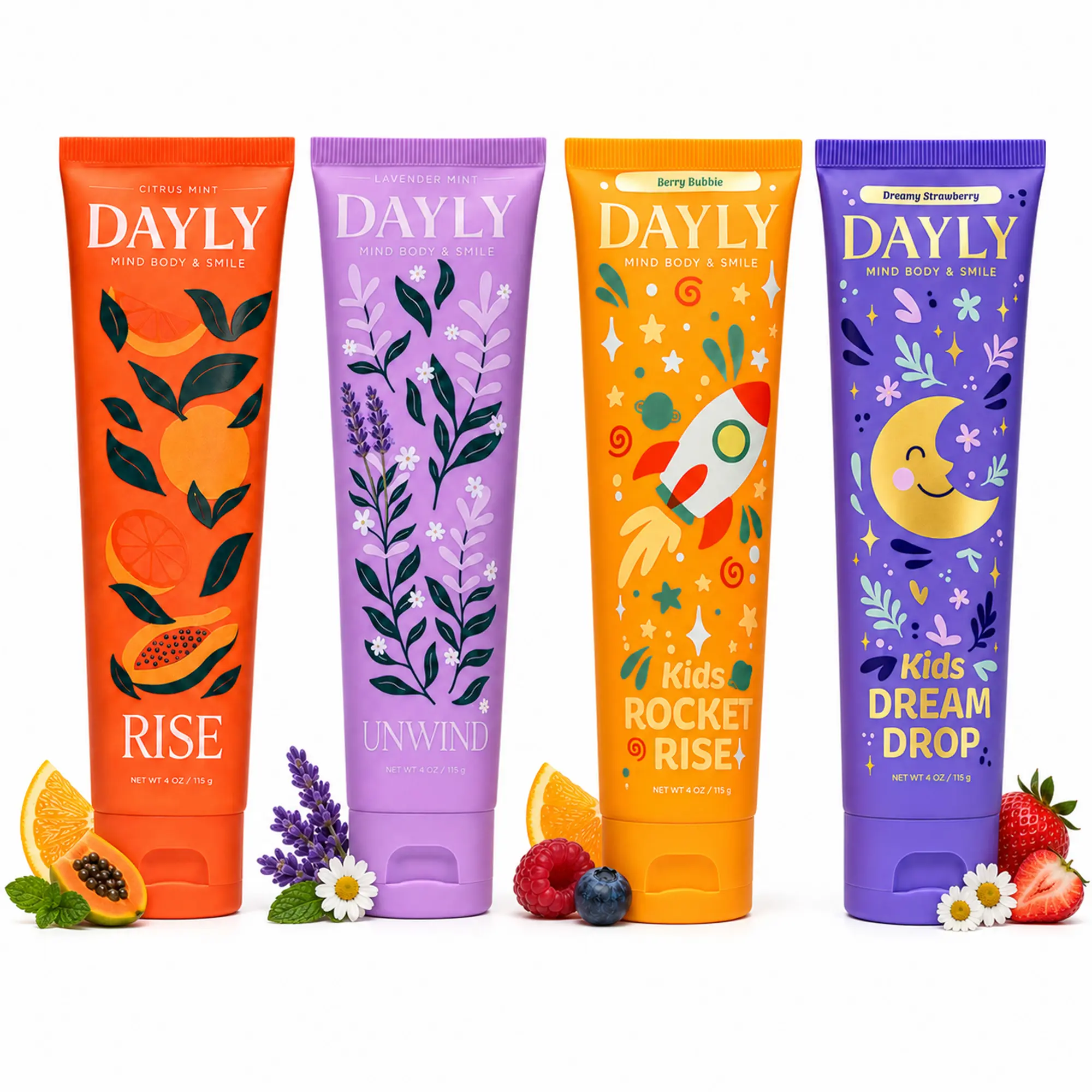 DAYLY Family 4-Pack (RISE + UNWIND + ROCKET RISE + DREAM DROP)  Vitamin Infused Toothpaste - AM and PM set for Adult and Kids