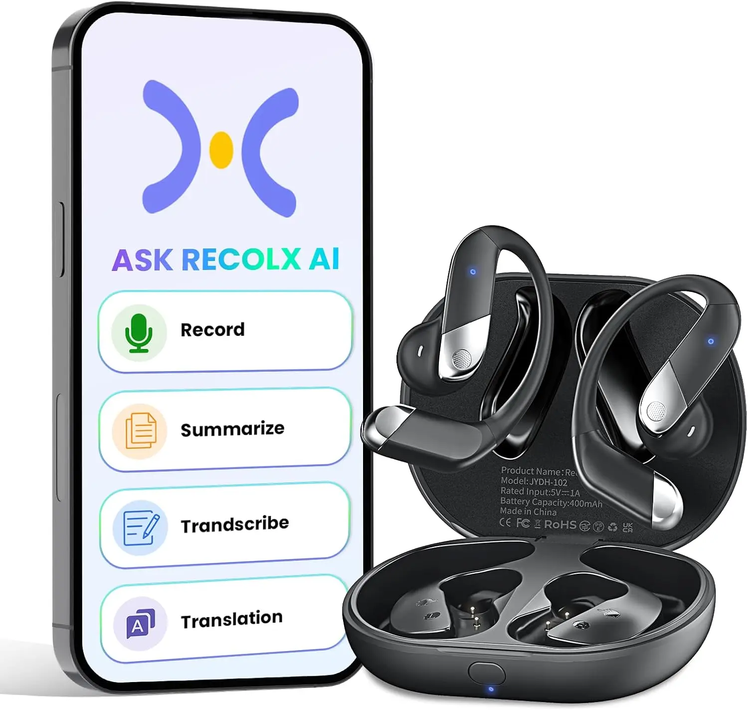Recolx Fit 2 AI Voice Recorder Note Taker & Translation Earbuds. | 145-Language Translator, Real-Time AI Analysis, 10k+ AI Templates, Transcription & Summarization for Business, Travel & Study