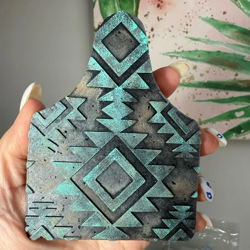 Aztec distressed cow tag car freshie