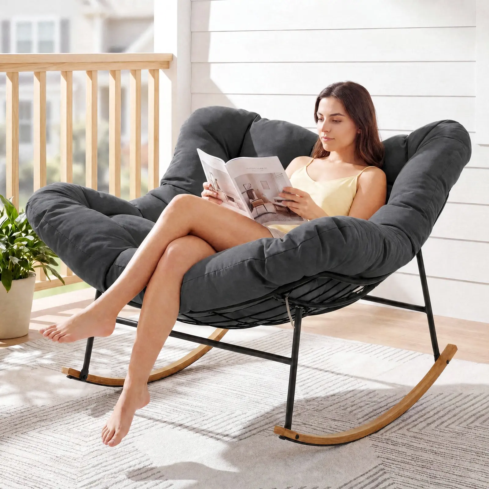 Papasan Rocking Chair Outdoor/ Indoor, Oversized Rocking Chair with Thickened Cushion, 450 lbs Large Comfy Egg Chair Indoor,Cozy Lounge Reading Glider Chair for Bedroom, Gray