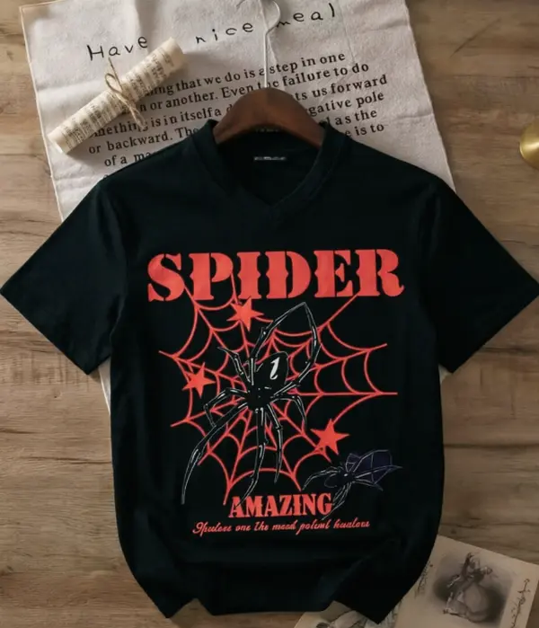 Edgy Dark American Retro Spider Web Star Graphic V Neck Heat Transfer Unisex 100% Cotton Summer Tee Street Style Black T-shirt