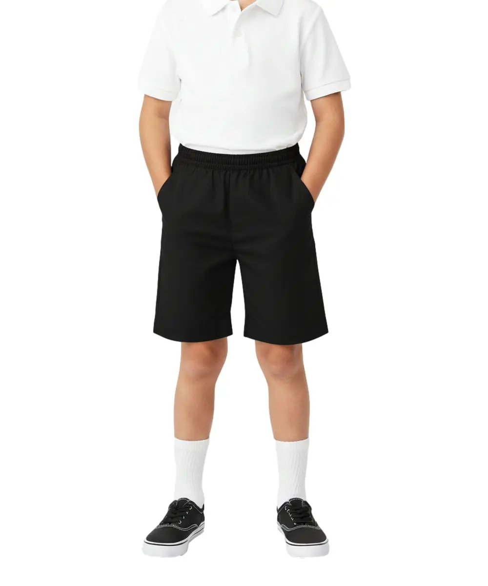 School Uniform Pull-On Black Shorts, Elastic Waist Twill Bottoms, Comfort Fit School Apparel SBU32