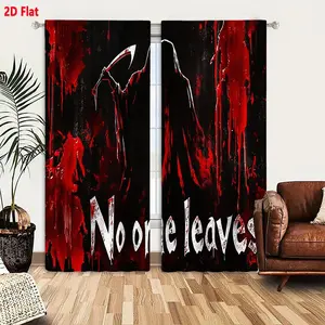 2D Flat 2-Piece Blackout Curtains with Dark Horror Reaper Scythe Blood Splatter Design, 'No One Leaves' Text, Bedroom Living Room Window Drapes for Ominous Gothic Home Decor