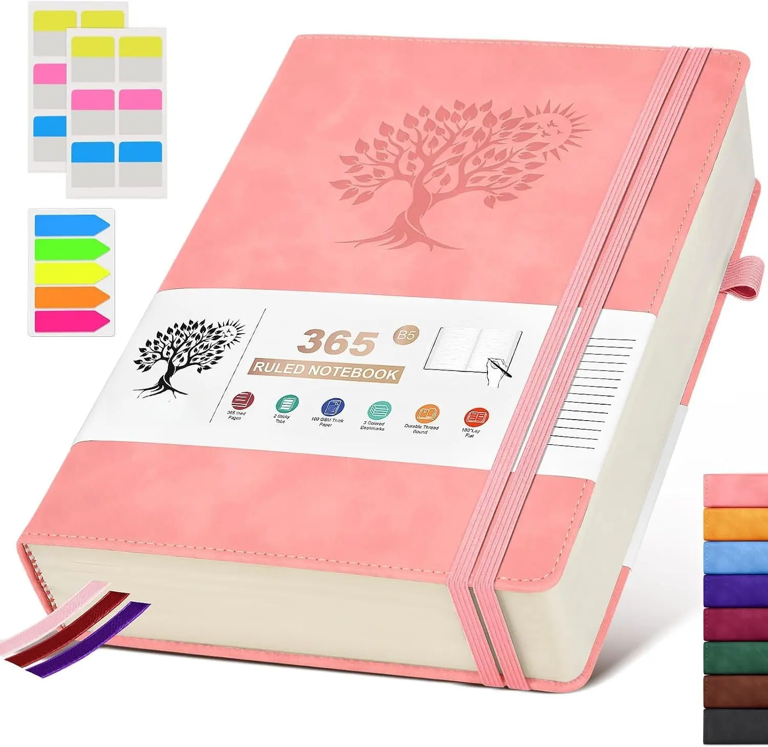 Women's B5 Lined Hardcover Leather Cover Journal Notebook - 365 Pages 100Gsm Thick Paper, 7.6"x10.3", 180°-Lay Flat, Elastic Band, 3 Colored Ribbon Bookmarks, 3 Sticky Labels, Built-In Pocket, Portable Notebook, Student Stationary Office Supplies