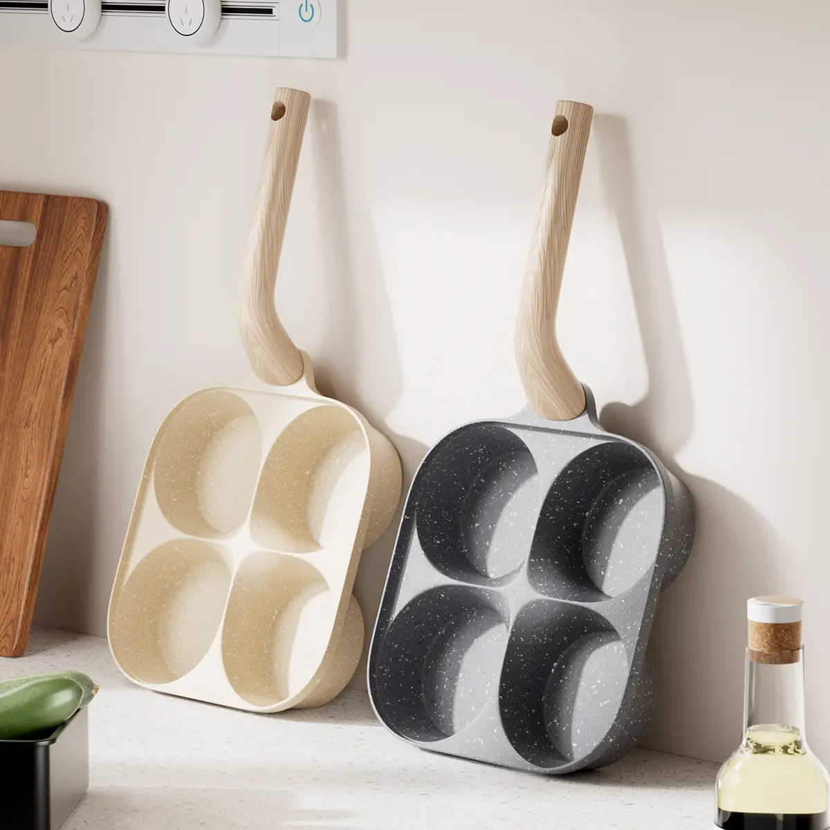 4-Cup Nonstick Marble Coated Breakfast Skillet - Wooden Handle, Less Oil Cooking Induction Multi-Egg Omelette Pans & Woks for Pancakes, Induction Pans & Woks
