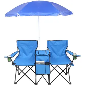 summervibes Outvita Folding Double Camping Chair w/Umbrella Beverage Holder Carrying Bag Cooler Fold Up Table, Large Bearing Capacity for Beach Patio Pool Park Outdoor Blue