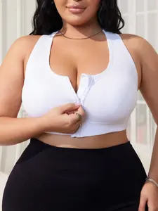 【Plus Size】 Solid Front Zipper Backless Bralette, Casual Comfortable Breathable Seamless Sports Bra for Daily Wear, Women's Plus Size Lingerie for All Seasons