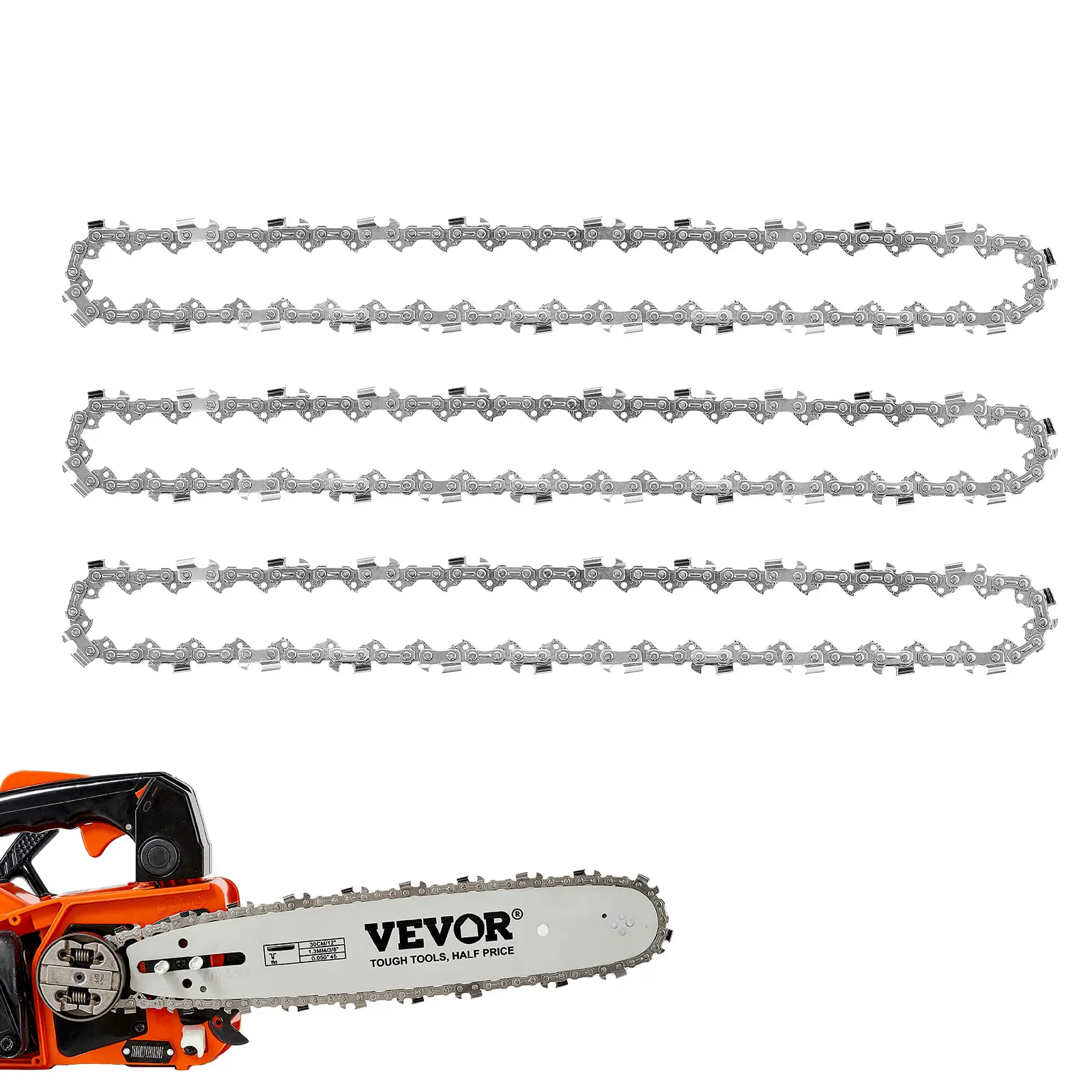 VEVOR Chainsaw Chain 3 Pack 12 Inch 3/8" Pitch 3/8" Gauge 45 Drive Links, Fits VEVOR CN-25 Gas Chainsaw, Forged Alloy Steel, Replacement Saw Chains with Sharp Cutter Teeth & Wear-Resistant Tie Straps