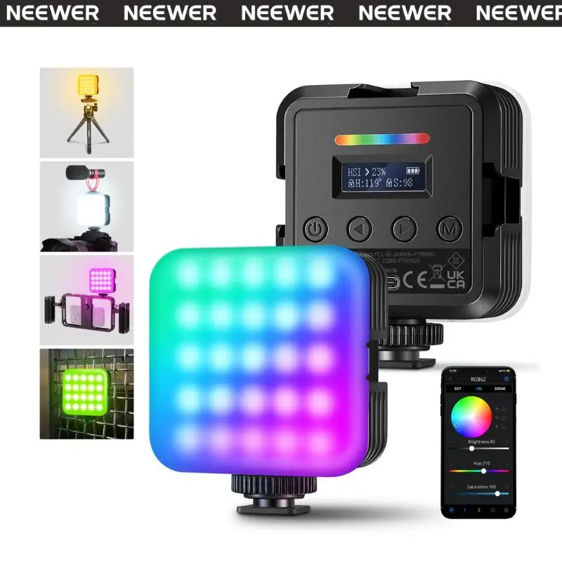 NEEWER RGB62 Magnetic RGB Video Light with Upgraded APP Control, 360° Full Color LED Camera Light with 3 Cold Shoes CRI97+ 2500K-8500K 17 Scenes 2000mAh Rechargeable Portable Photography Lighting