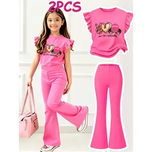 2PCS Girls Clothes T-Shirt Bottom Pants Set  Peace Love Personality New York Print Girl Clothes Flutter Sleeve Round Neck T-Shirt Bell Bottom Pants Set Perfect For Outdoor  Kids Clothes