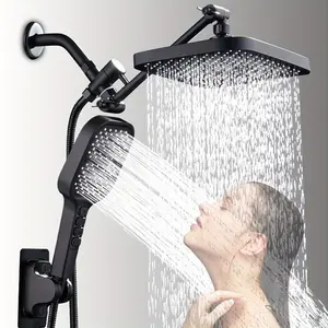 Modern 12 Inch High Pressure Shower Head Set with Handheld Spray, 11 Inch Extendable Arm, 11 Adjustable Settings, Wall Mount, No Power Needed, Handheld Showerhead Set
