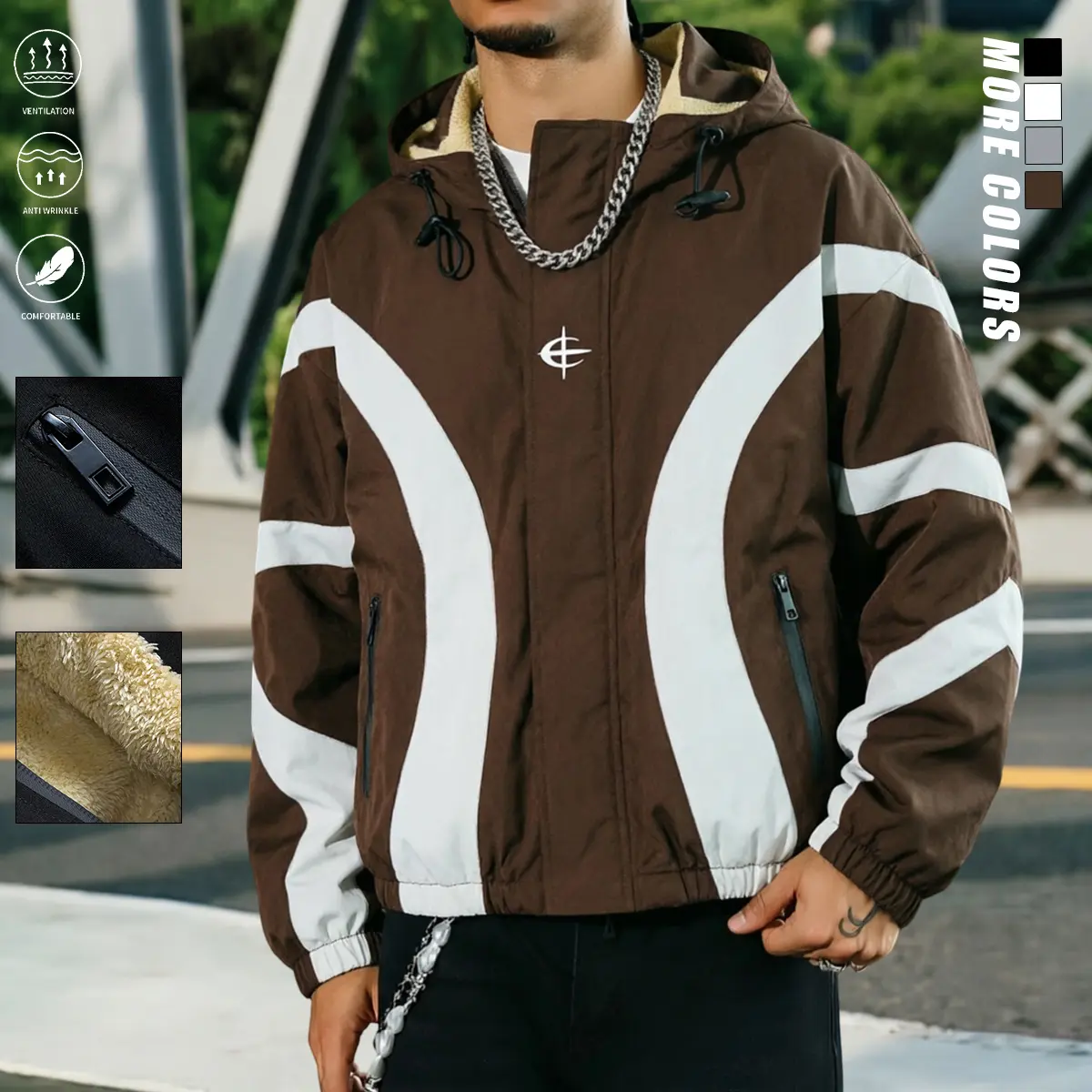 Men's Color-Block Hooded Sweatshirt Jacket, Casual Sherpa Fleece Lined Full-Zip Long Sleeve Tops, Sweatshirts, Menswear, Clothes, Fleece Jacket, Windproof, Colorblock, Everyday Wear, Hooded Jacket
