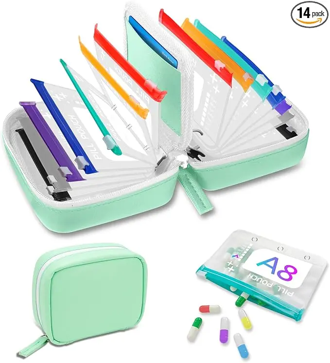14-Pouch Travel Pill Organizer Set with Portable Zipper Case, 7 to 14 Day Medication Storage Bags with Color-Coded Labels, Waterproof Reusable Medicine Organizer for Vitamins, Supplements, Fish Oil and Travel Essentials