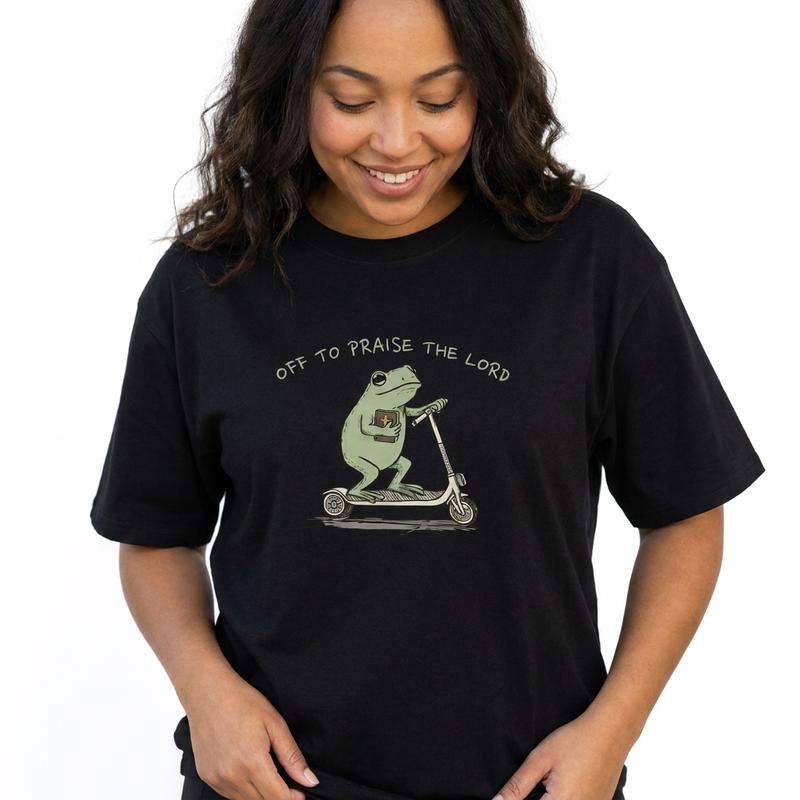 Off to Praise the Lord Scooter Frog Women's Cotton Tee Funny Christian Faith Graphic T-Shirt Plus Size