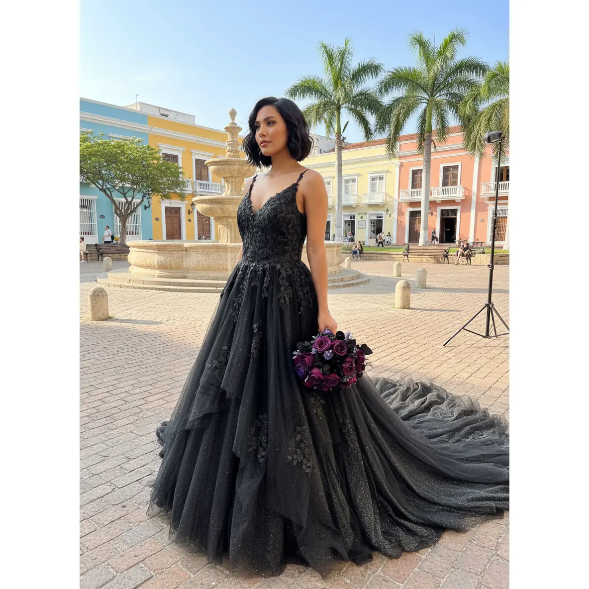 Sarah Custom Black Wedding Dress with a Deep V Neckline and Layered Tulle, Deep V Black Wedding Dress, Gothic Wedding Dress