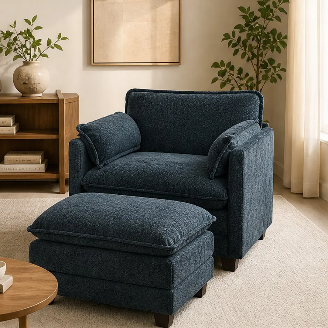 ARCH Oversized Boucle Fabric Single Sofa Bed with Ottoman, 55.32" Deep Seat Double Sponge Cushions, Thick Armrests, Ergonomic Indoor Accent Chair, 35.83" L x 27.56" W x 16.54" H, Dark Green/Black, for Living Room, Office, Cotton, Comfy Couch, Boucle Furni