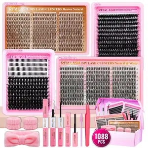 RITALASH 1088PCS D Curl Gift Cluster Lash Set, Makeup, DIY Eyelash Clusters, DIY Individual Eyelashes Large Capacity Mixed Color Black and Brown Lashes Anime False Eyelashes Set DIY at Home with Bond and Seal Tweezer Cluster Lash Remover and Lash Brush