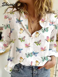 Women's Butterfly Print Casual Four-Season Shirt, Full Print Collared Loose Long Sleeve Blouse, Daily Wear Fashion Top, Casual Boho Blouses