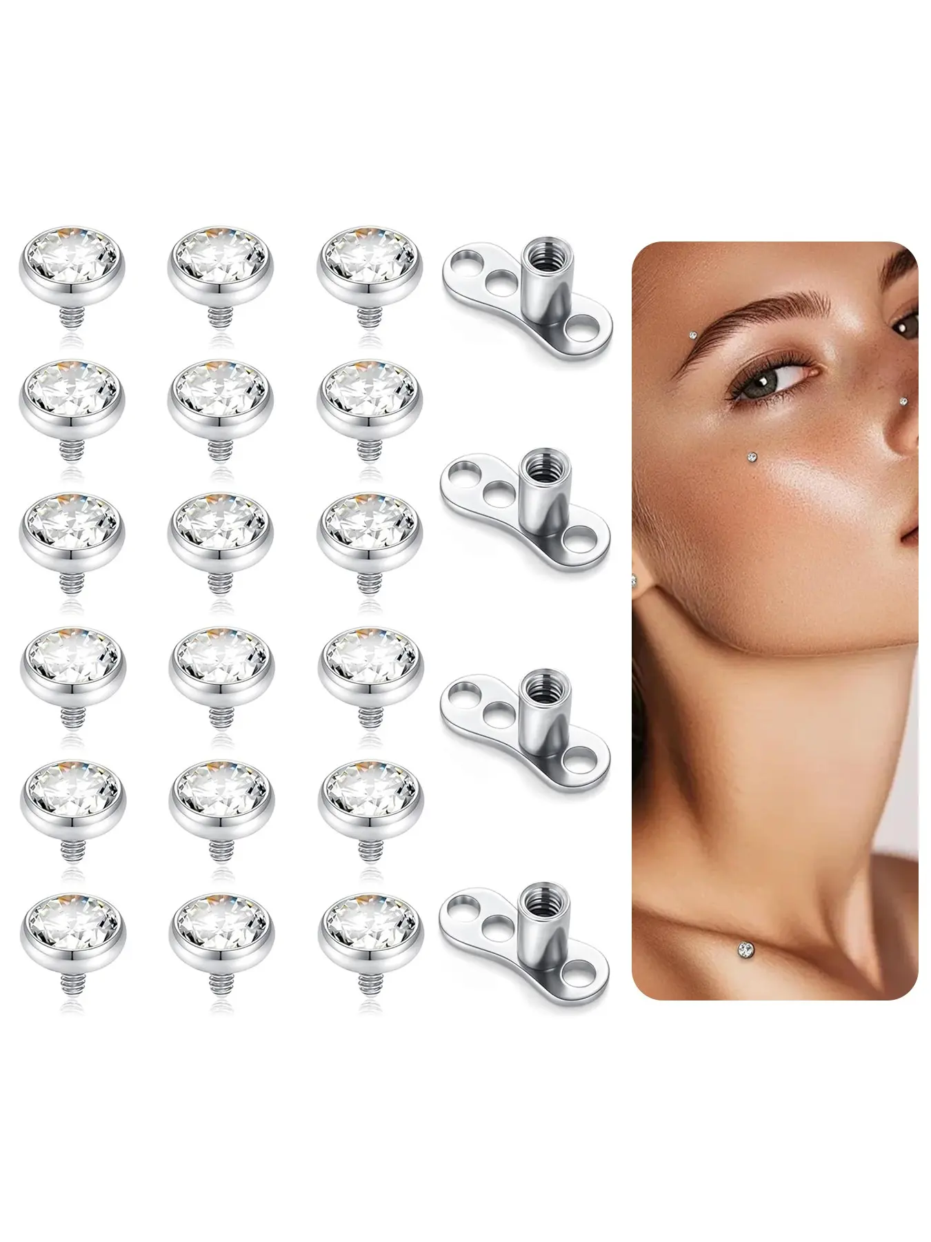 Dermal Anchor Tops and Base 14G Hypoallergenic Cubic Zirconia Surgical Steel Microdermals Body Piercings Jewelry Punk Micro Internally Threaded Dermal Stud Piercing for Women Men 2.5mm 3mm 4mm Anchor Design