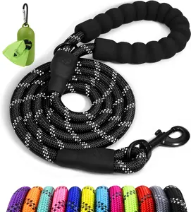 Rope Dog Leash 6 FT with Comfortable Padded Handle, Highly Reflective Threads Leash and Anti-Tangle Clip for Walking Medium Large Dogs, 1/2 inch, Black