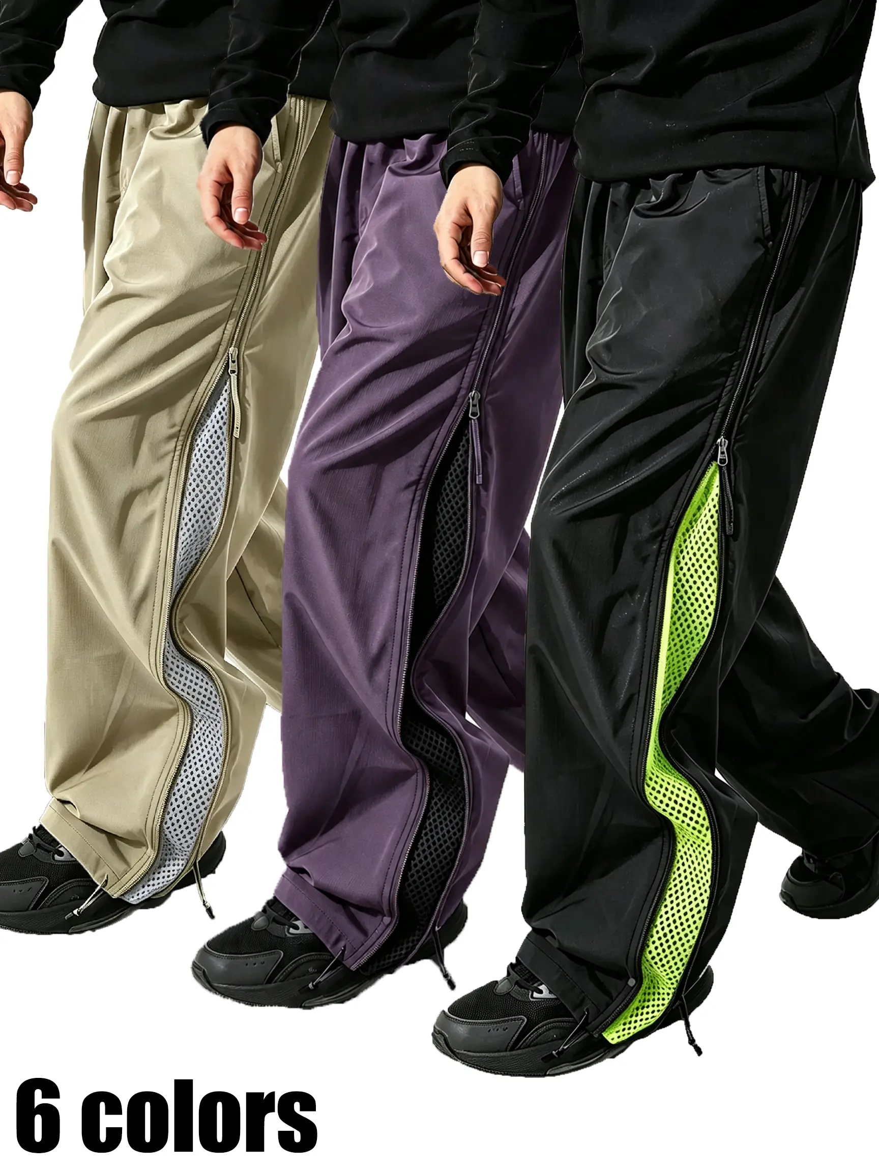 Straight-leg casual pants with side zipper and mesh panels; mountain outdoor functional long pants; waterproof quick-dry streetwear athletic pants