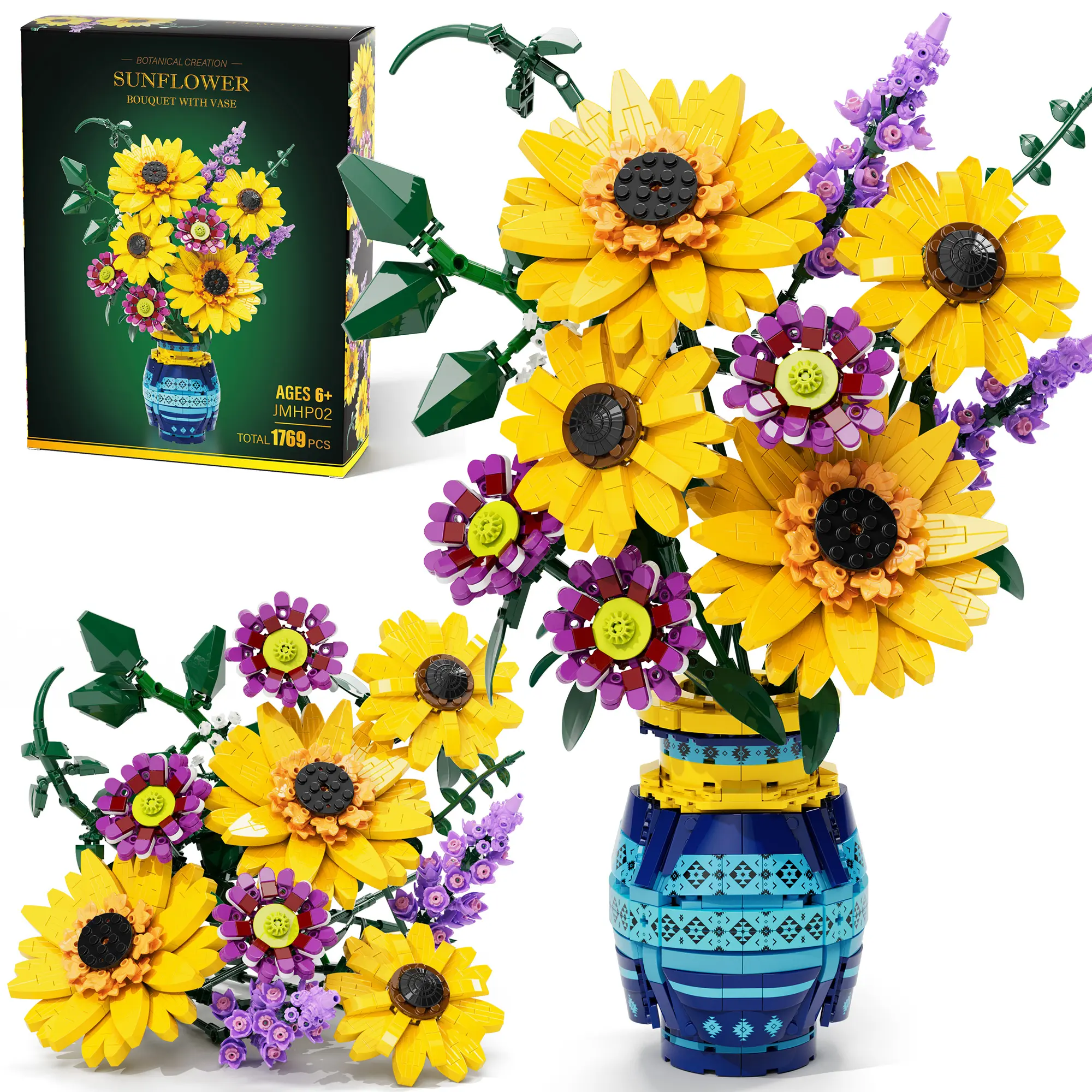 MAYICIVO 1769PCS Sunflower Bouquet Building Blocks with Vase, Creative Flower Set for Women & Men,Christmas, Anniversary, Birthday, or Home Decor Gift