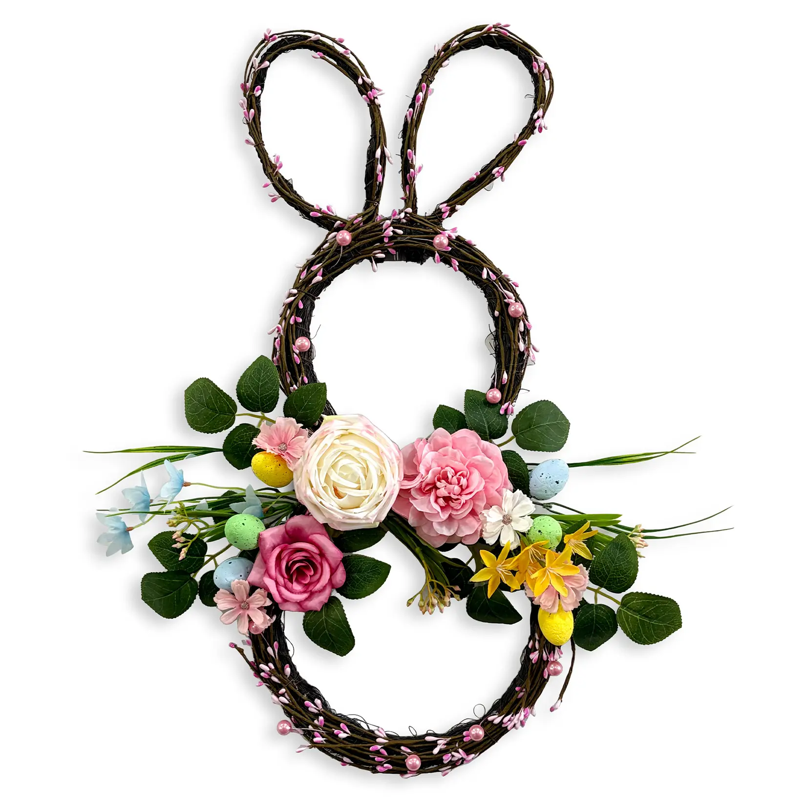 Luxury Easter Bunny Wreath for Front Door, Foldable 24" Spring Floral Wreath with Pastel Eggs & Peonies, Handmade Bunny Door Decor for Easter Porch Wall Window