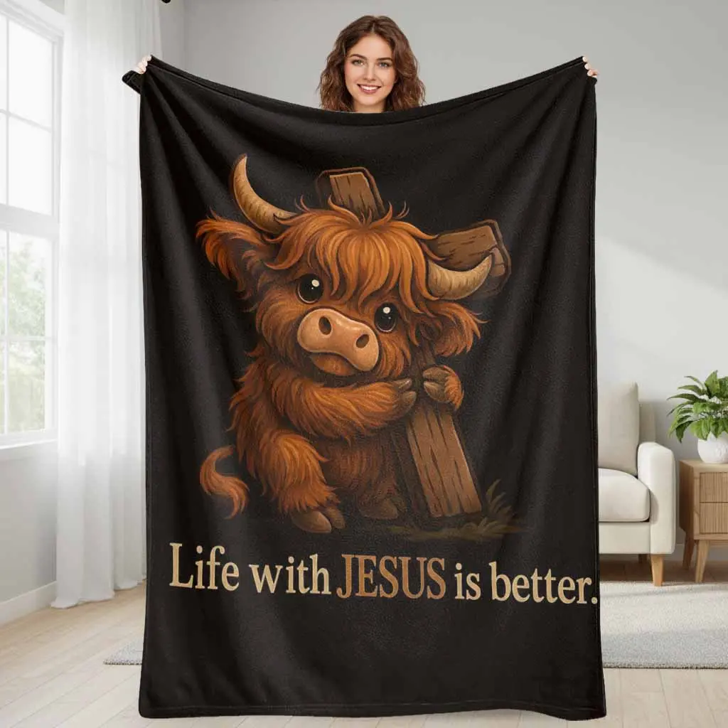 Highland Cow Jesus Flannel Blanket Life with Jesus is Better Cross Print Faith Soft Warm Lightweight Cozy Throw for Couch Bed Church Prayer Room Easter Christmas Gift