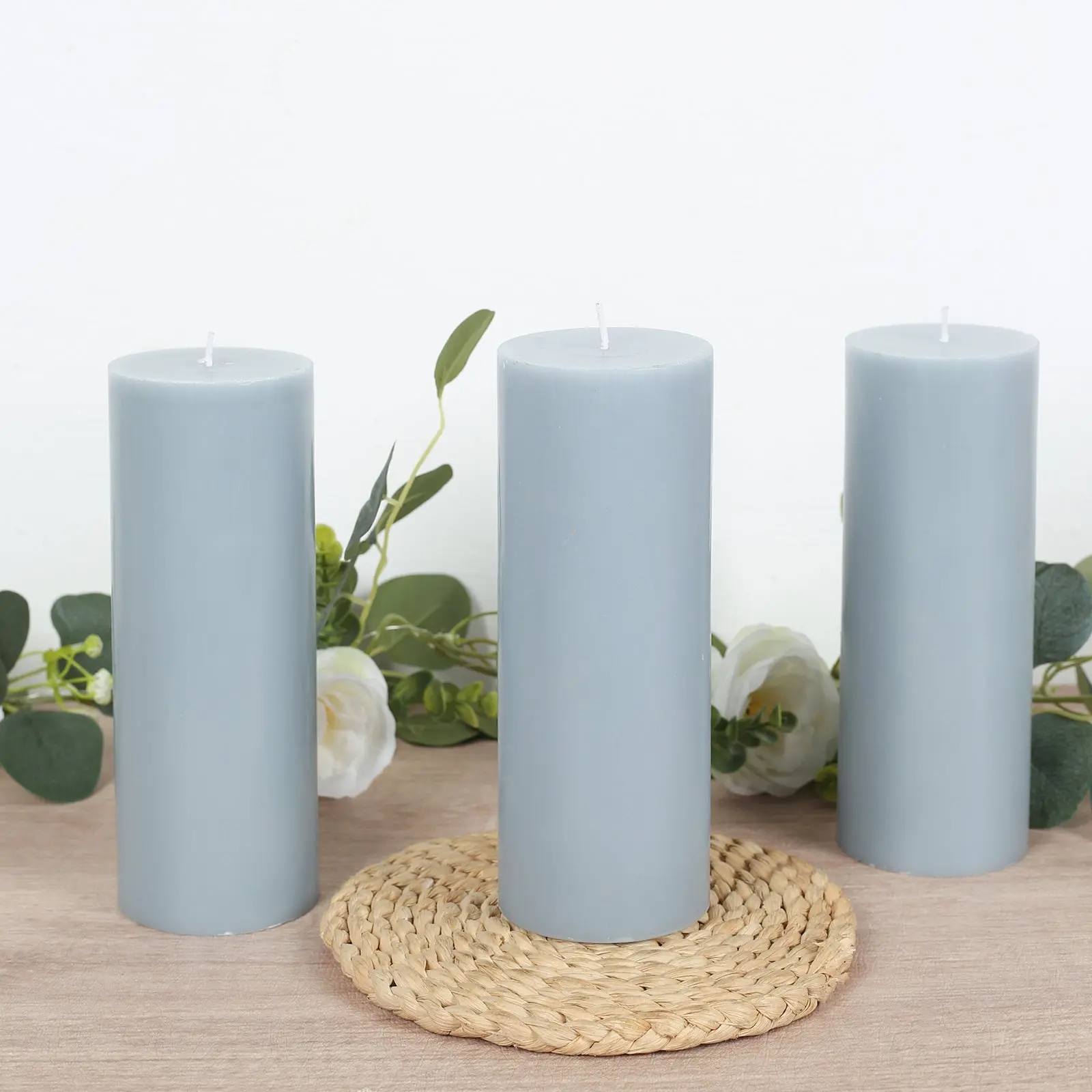 Unscented Pillar Candles (12-Pack Bulk Pack) - 3"x8" Dusty Blue Paraffin Wax, Dripless Burn, Smokeless Clean Cotton Wicks, Long-Lasting for Wedding Centerpieces, Home Decor, Restaurants