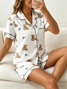 Women's Short Sleeve Button Down Top and Shorts Pajama Set, Loungewear, Nightwear, Spring Summer Wear, For Soft Aesthetic Lovers, White Base Teddy Bear Bow Print, Classic Lapel Collar, Loose Fit, Comfortable For Home & Gatherings
