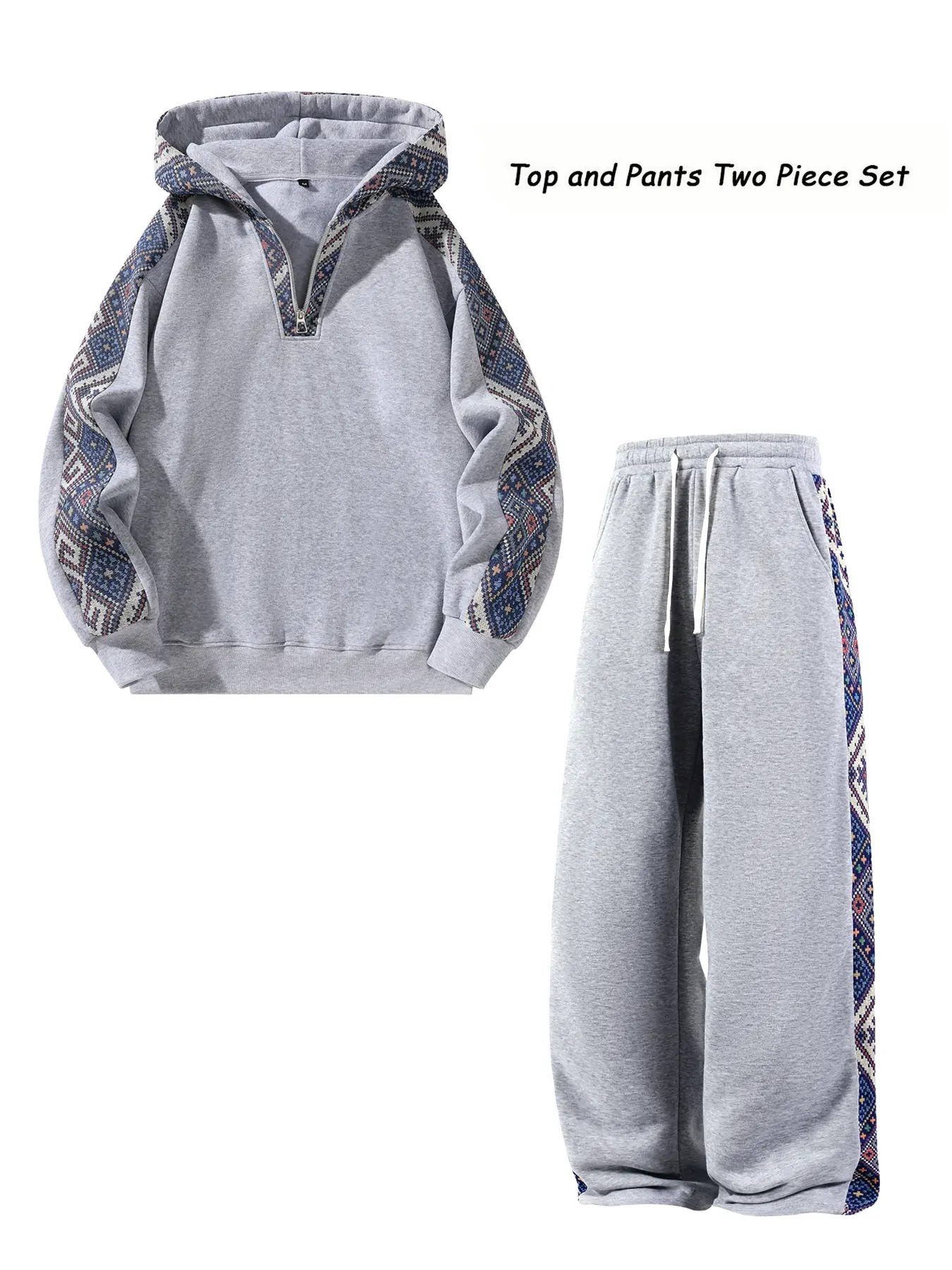 Ethnic-style two-piece set: quarter-zip hooded sweatshirt + fleece warm pants. Unisex design available in multiple colors for outdoor casual wear; hoodie, set.
