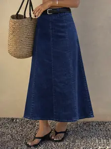 Women's High Waist Knee-Length Denim Skirt, Blue Casual Versatile Design, Perfect for Everyday Wear, Comfortable Fit