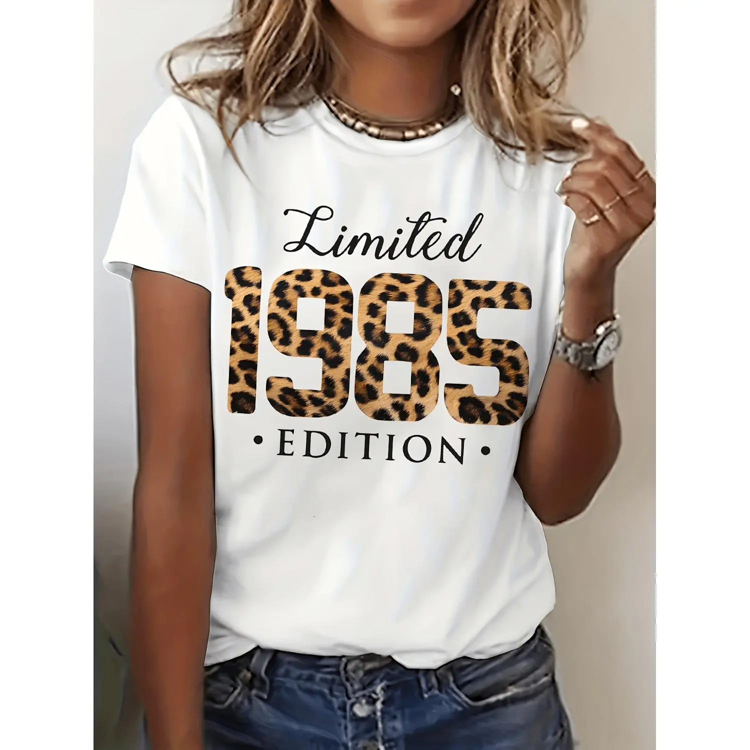 Women's Cotton T-Shirt with Vintage 1985 Leopard Graphic, Breathable Casual Crew Neck Top, Relaxed Fit Short Sleeve, Shortsleeve, All Seasons, Streetwear, Breathable Cotton, Lady, Clothes