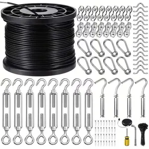 String Light Suspension Kit, Outdoor Light Wire, Coated Stainless Steel 304 Wire Rope, 1/16 Diameter Overmolded 3/32, 165FT 250FT 500FT, Black, Outdoor String Light Wire Fixture Suspension Kit
