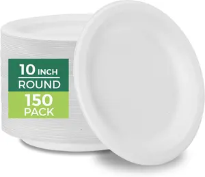Freshware Paper Plates 10” (150 Pack) – Heavy Duty Disposable Plates for Hot Food, Microwave Safe, Compostable Sugarcane Dinner Plates
