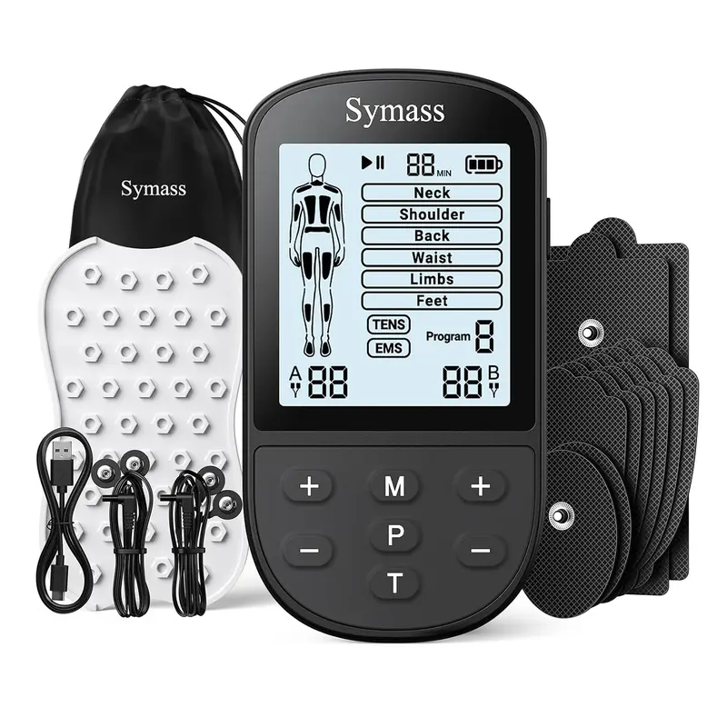 SYMASS TENS Unit Muscle Stimulator, EMS Electronic Pulse Massager, Dual Channel Physical Therapy Device for Back & Shoulder Pain Relief, Muscle Relaxation | 24 Modes,3 shapes, 10 reusable electrode sheets