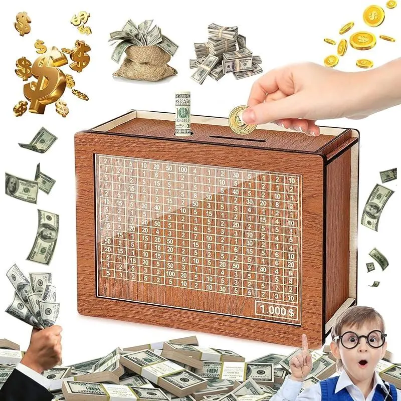 High-Capacity Wooden Piggy Bank with Digital Counter & Pen - $10,000 Cap, Coin & Bill Storage, Adult Money Saving Box, Home Decor Decoration, Friend Gift, Gift For Friend