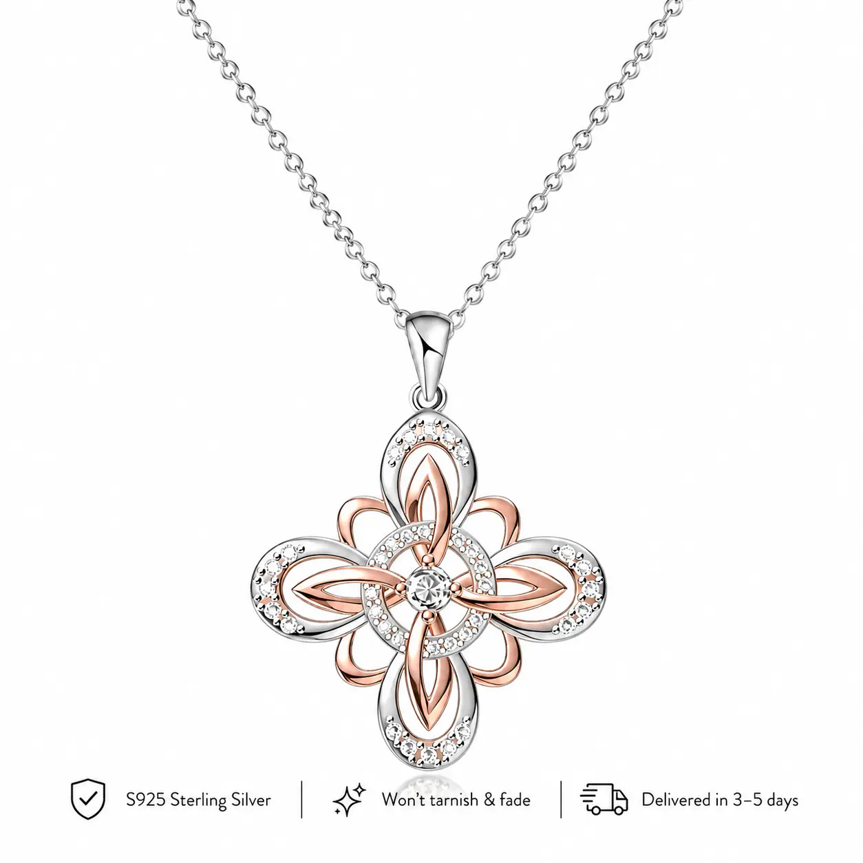 Women's S925 Sterling Silver Floral Pendant Necklace, Elegant 2-Tone Rose Gold-Silver Interwoven Flower Design, Sparkling Celtic-Inspired Necklace, 55cm + 5cm Extension Chain