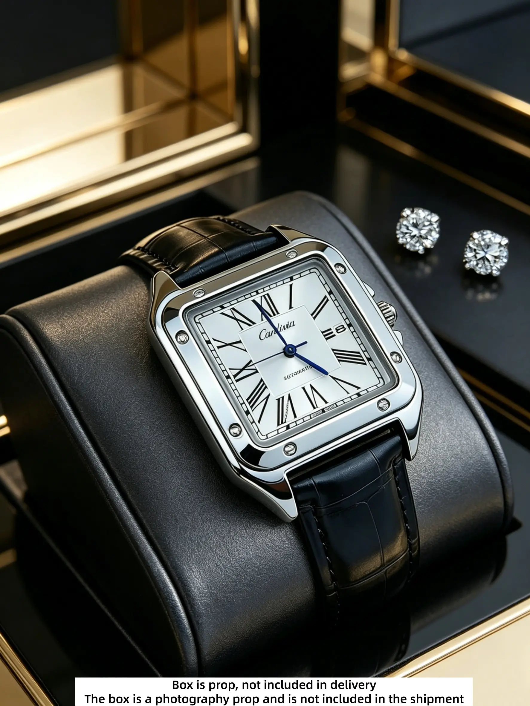 Men's Square Roman Numeral Classic Quartz Watch, Luxury Stainless Steel Case, Leather Strap, Waterproof, Date Display, Casual Style