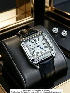 Men's Square Roman Numeral Quartz Watch, Luxury Stainless Steel Case, Leather Strap, Waterproof, Date Display, Casual Style