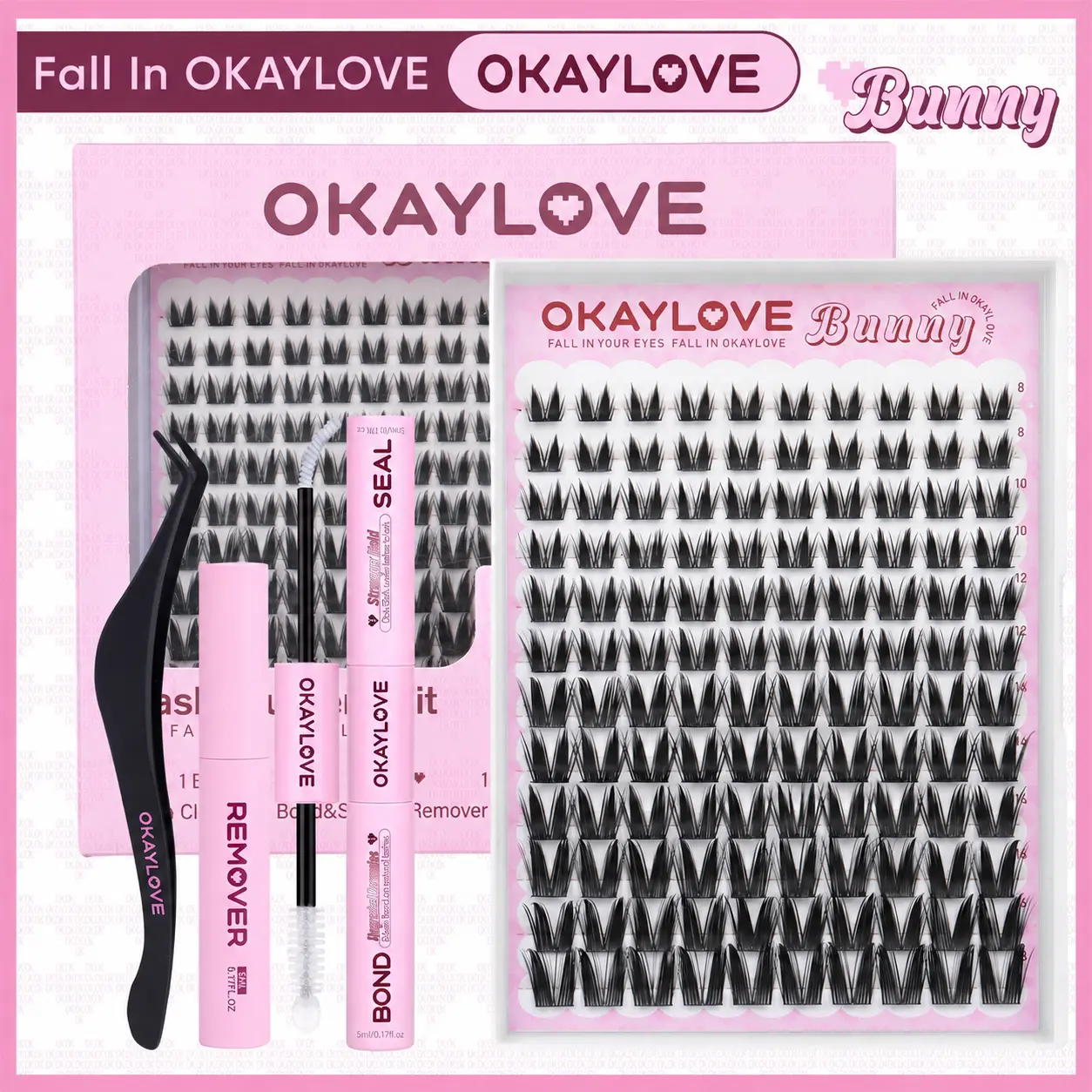 OKAYLOVE Bunny Lash Kit | Manga Lash CLusters Extension with Waterproof Long-lasting Lash Bond and Seal,Tweezers and Remover for DIY Eyelash at Home Easily, Natural Makeup Girl Gifts  Cosmetic